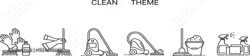 Set of professional cleaning service icons featuring vacuum cleaners mops buckets spray bottles and gloves for housekeeping maintenance and domestic hygiene