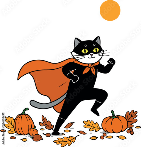 Black Cat Superhero Running Through Autumn Leaves and Pumpkins