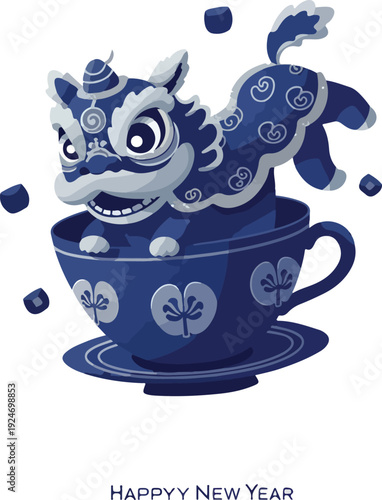 Blue Lion Dance In Teacup Festive Happy New Year Vector Art