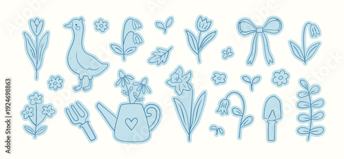 Cozy spring stickers with a watering can, flowers, and plants