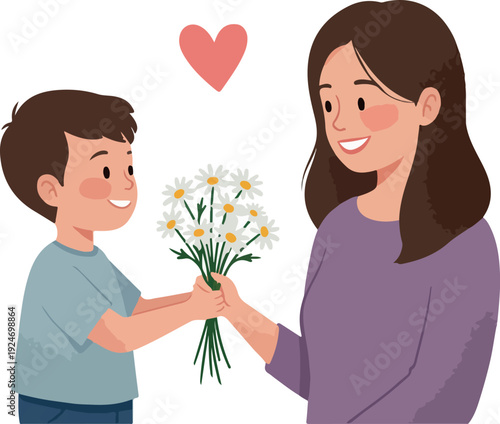 Boy Gives Flowers To Mother Flat Design Isolated Illustration