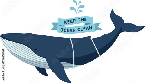 Blue Whale Keep Ocean Clean Banner Vector Pixel Art Illustration