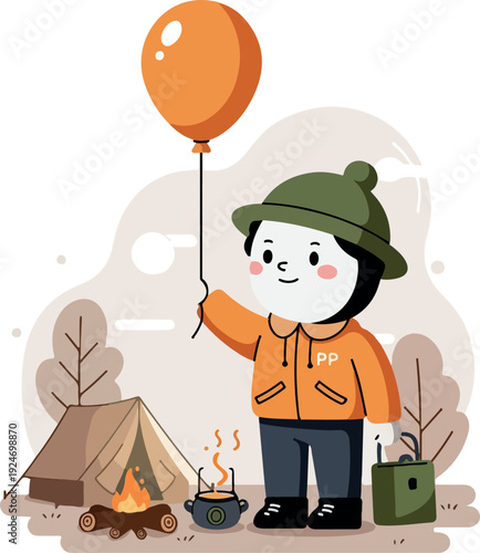 Boy With Orange Balloon And Tent At Campsite Flat Design