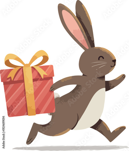 Brown Bunny Carrying Red Gift Box With Yellow Ribbon