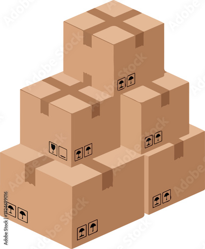 Brown Cardboard Shipping Boxes Stacked Flat Design Isolated Object Vector