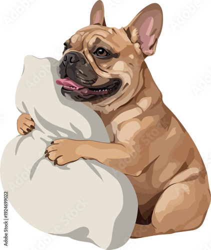 Brown French Bulldog Hugging Pillow Cute Pet Isolated Object Realistic Style