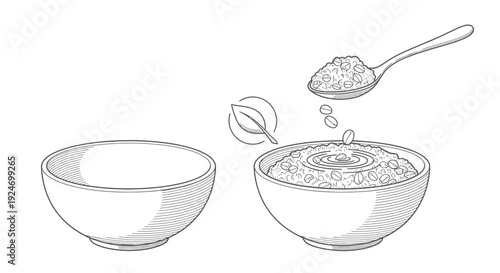 Hand-drawn illustration of oatmeal being prepared in a bowl, healthy breakfast concept.