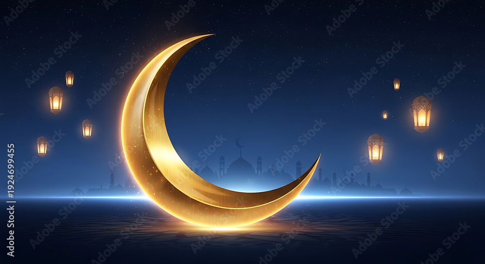 Naklejka premium Golden Crescent Moon with Glowing Lanterns and Mosque Silhouettes at Night sky dark blue