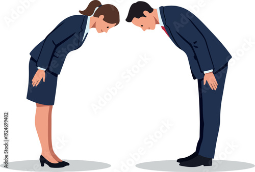 Business Couple Bowing Respectfully Blue Suits White Background Greeting