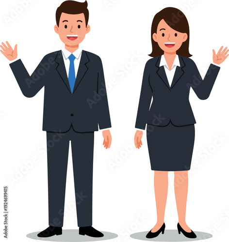 Business Couple Waving Hello In Flat Design With Blue And Dark Suits