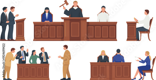 Colorful courtroom illustration with judge, attorneys, witness, clerks, and participants symbolizing justice, law, trial process, and legal proceedings