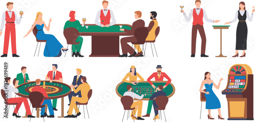 Colorful casino illustration with roulette, card games, slot machine, cocktails, dealers, and players symbolizing gambling, entertainment, nightlife, and leisure