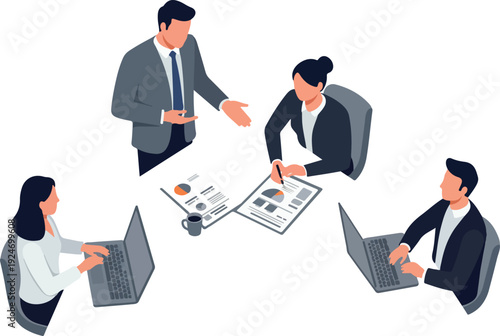 Business Meeting People Working Laptops Charts Graphs Flat Design
