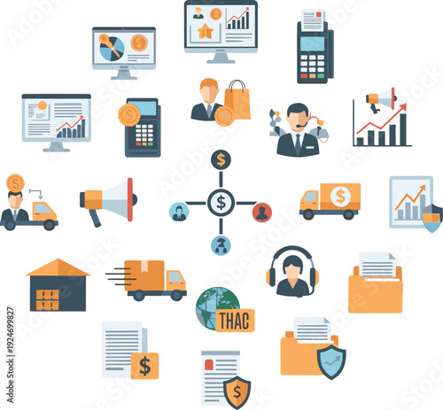 Global business logistics network concept with icons for financial data analysis retail sales delivery services and corporate management for industry infographics