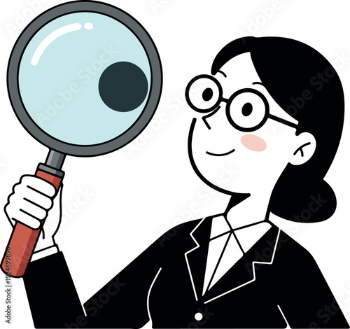 Business Woman Holding Magnifying Glass Looking Closely Flat Design