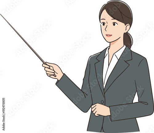 Business Woman Pointer Stick Presentation Flat Design Icon Isolated Object