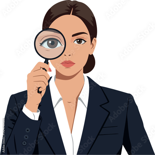Business Woman Magnifying Eye Detail Close Up Investigation