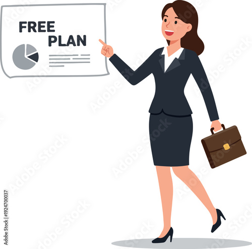 Business Woman Points To Free Plan Chart In Dark Suit With Briefcase Flat Design
