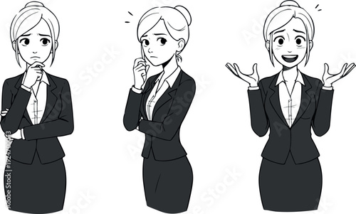 Business Woman Poses Thoughtful Confident Surprised Vector Art