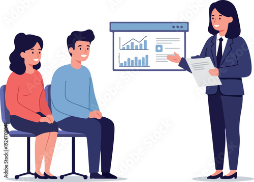 Business Woman Presents Growth Charts To Couple Flat Design