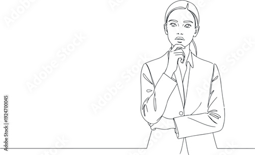 Business Woman Thinking Dotted Line Art Minimalist Style Isolated On White Background