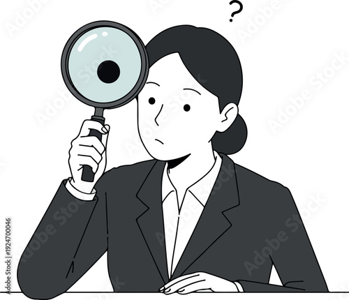 Business Woman Searching Magnifying Glass Isolated Object Flat Design