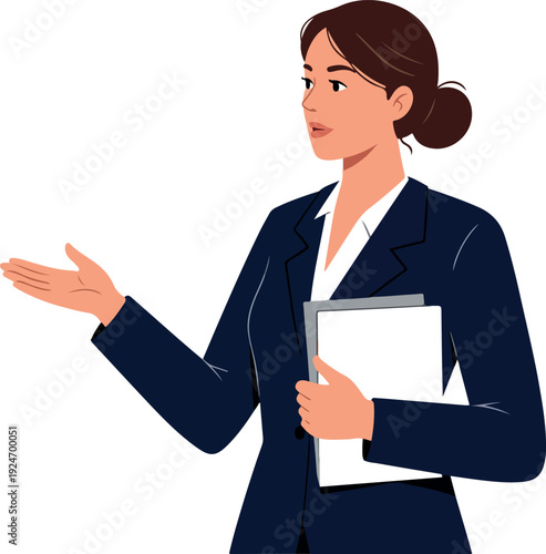 Business Woman In Navy Suit Presenting With Tablet Minimalist Flat Illustration