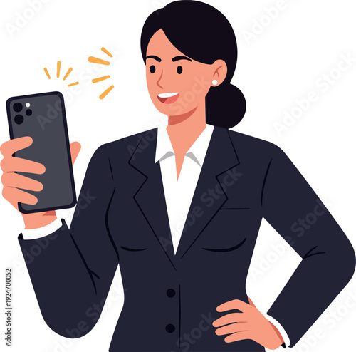 Business Woman Smiling Taking Selfie With Smartphone Flat Design Vector Illustration