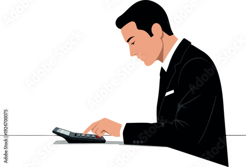 Businessman Calculating Numbers Black Suit White Shirt Isolated Minimalist