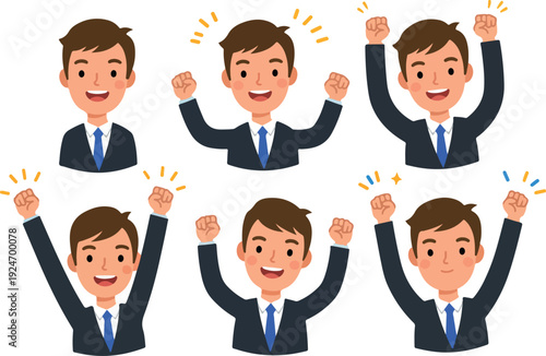 Businessman Celebrating Success Joyful Expression and Raised Fists Flat Illustration