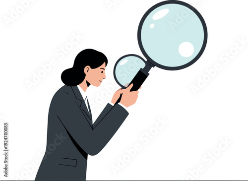 Business Woman With Magnifying Glass Looking Closely At White Background