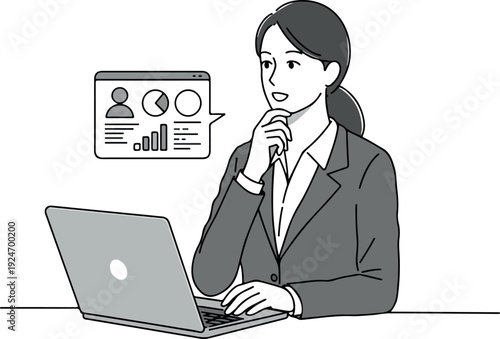 Businesswoman Analyzes Data Charts on Laptop Minimalist Vector Illustration