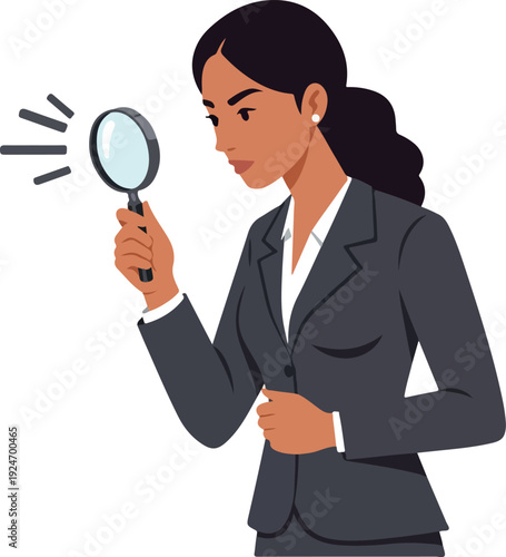Businesswoman Inspecting With Magnifying Glass Flat Design