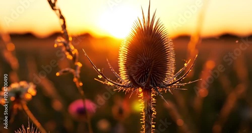 Wallpaper Mural Close-up of a thistle plant illuminated by sunset in a vibrant field, showcasing nature's beauty Torontodigital.ca