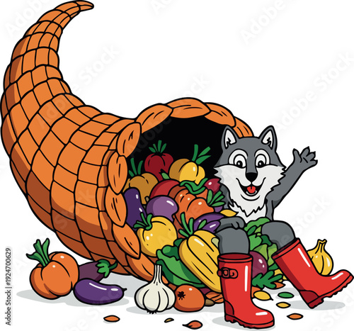 Cartoon Wolf Sits in Cornucopia Overflowing With Fruits and Vegetables
