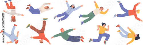 Illustrated diverse people in colorful casual clothing floating mid-air dynamic poses symbolizing freedom, joy, energy, chaos, and playful expression