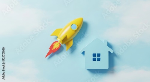 Yellow rocket launching past a blue house icon