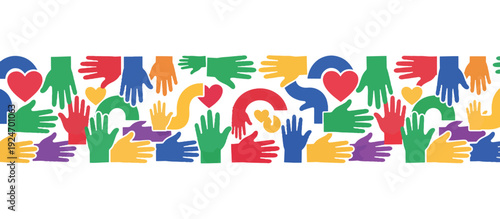Colorful charity hands and hearts vector border. Community and volunteering concept illustration. Diversity and teamwork design element
