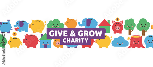 Give and grow charity banner with colorful flat icons. Fundraising and donation concept vector illustration