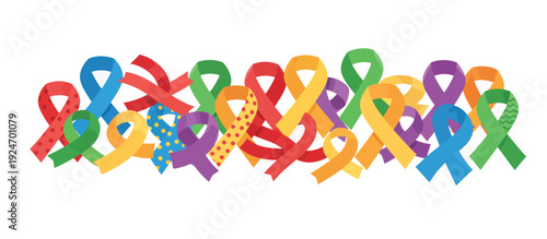 Colorful awareness ribbons border. Cancer support and charity symbol collection. Vector design element isolated