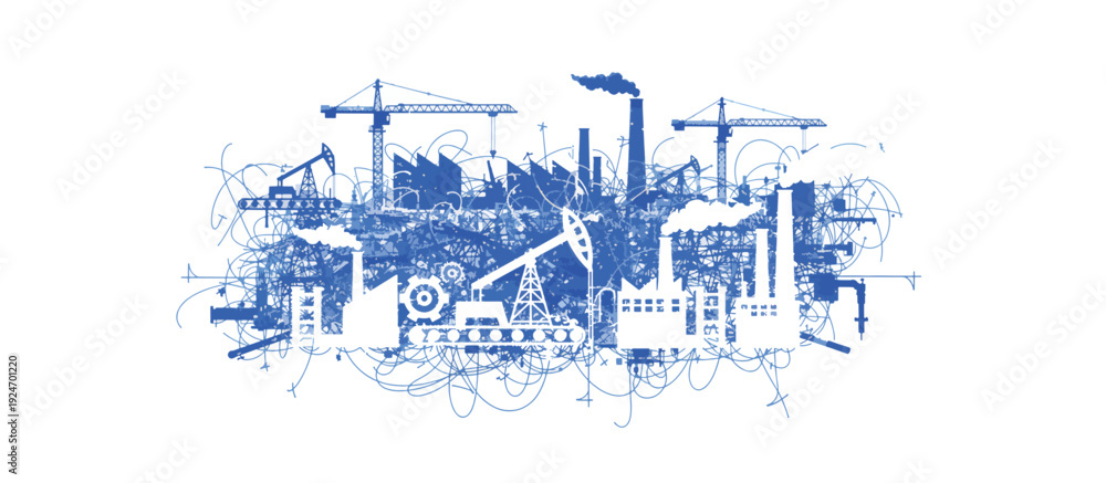 Fototapeta premium Abstract industrial factory background. Blue sketch style construction and manufacturing illustration