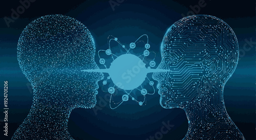 Digital human heads facing atom symbol with circuit board and particle texture in blue technology background
