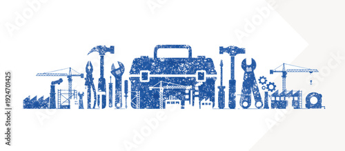 Industrial toolbox and hand tools silhouette. Blue textured vector illustration with factory and construction elements. Isolated on transparent background
