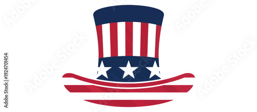 Uncle Sam top hat with American flag pattern. Patriotic red white and blue vector illustration. Isolated on transparent background