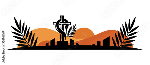 Christian cross with palm branch silhouette. Easter and Holy Week religious vector illustration. Isolated on transparent background
