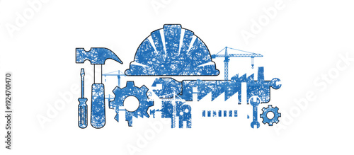 Construction work tools and safety helmet vector illustration. Blue textured hammer wrench and gear icons. Industrial labor and safety concept isolated on transparent background
