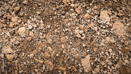 Detailed close-up of a textured natural ground surface, featuring an abundance of brown earth and loose gravel
