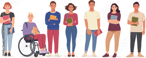 Illustration of diverse group of students with books and wheelchair symbolizing inclusivity, diversity, accessibility, equality, and modern education