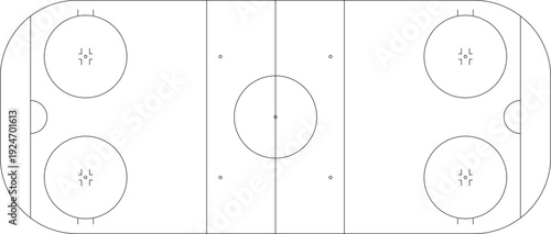 Ice hockey rink outline with faceoff circles, center circle, crease arcs, and zone lines, top view – vector line markings (IIHF/NHL style)