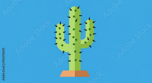 A vibrant green cactus with sharp spines on a brown base against a bright blue background symbolizing desert flora and resilience in a minimalist style